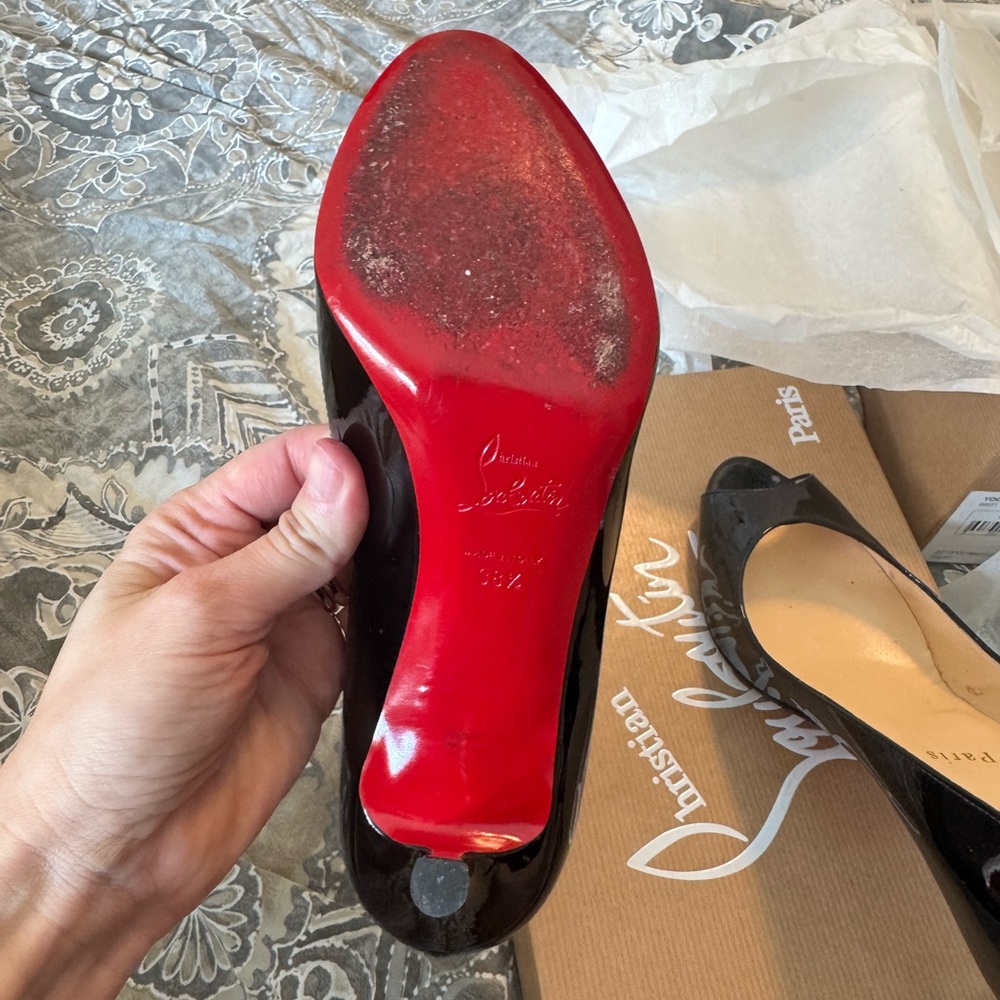 Christian Louboutin Glossy Black Peep Toe Heels Yootish 85 - Picture 5 of 16